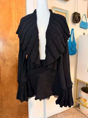 Y2K Miss Me Black Ruffle Knit Open Front Cardigan